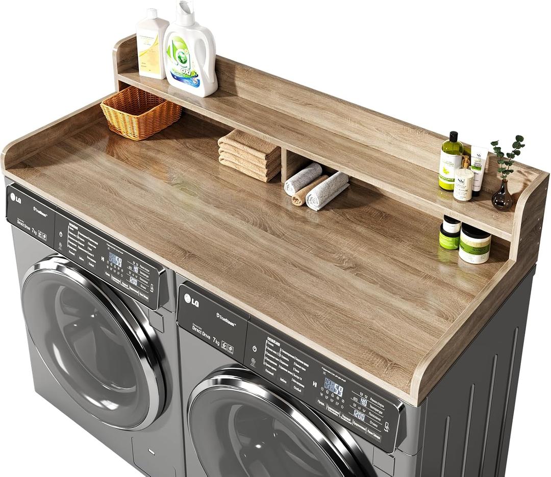 2-Tier Washer and Dryer Countertop with 2.75" H Guard,58" W x 28" D Laundry Countertop Cover with Non-Slip Pad,Large Space Laundry Topper for Folding Clothes Over Washer and Dryer-White Oak, Plus-2 Tier