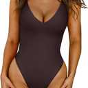 LASLULU Womens One Piece Swimsuit Padded Sexy V Neck Swim Suits Modest Tummy Control Bathing Suits (Brown, M)