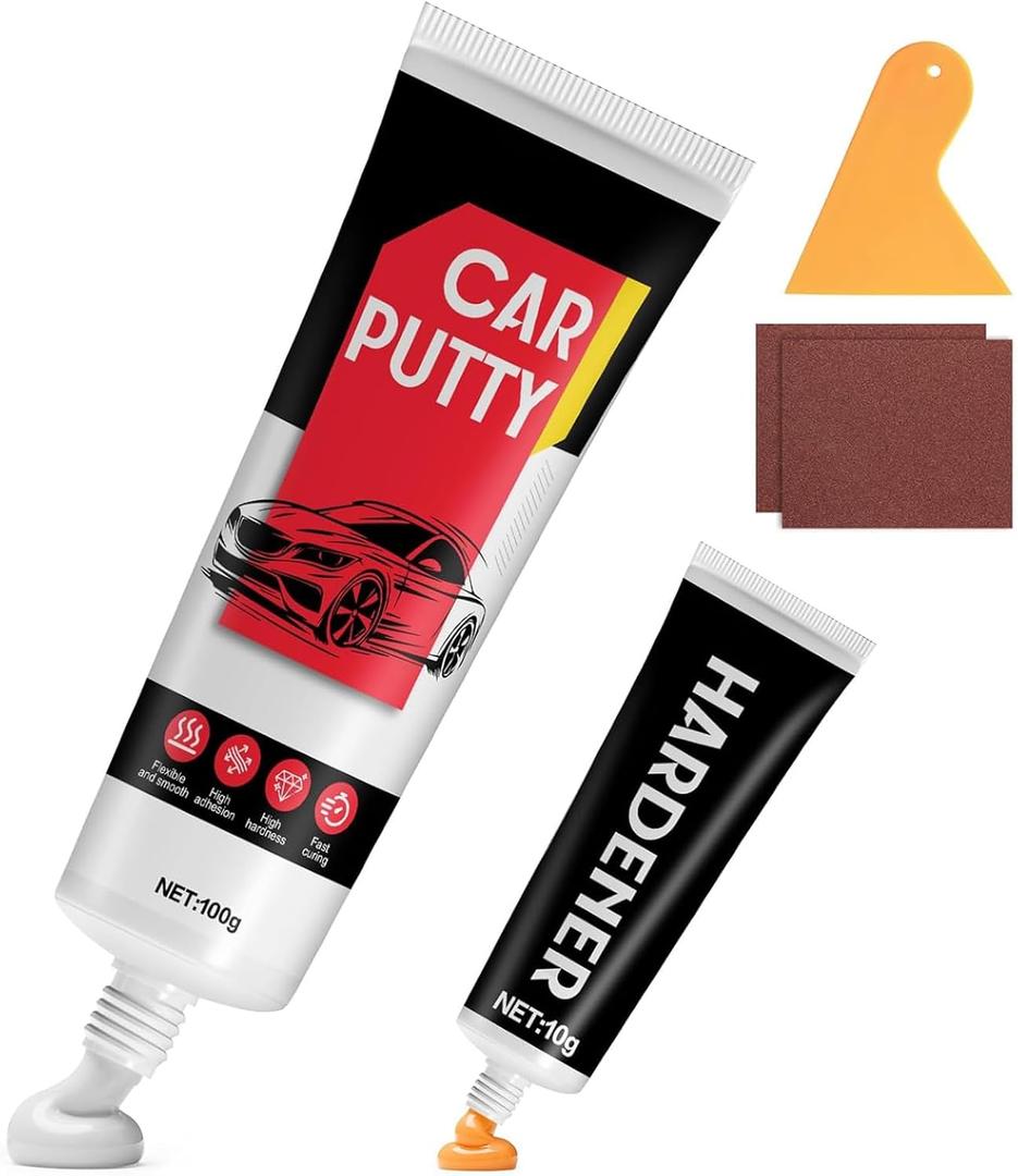Auto Body Filler, Car Scratch Repair Kit, 100g Car Filler & 10g Hardener, Sandpaper, Scraper, Harden without Cracking, Quick-Drying Suit for Car, Boat, Metal, Fibreglass Paint Scratch Removal Repairs