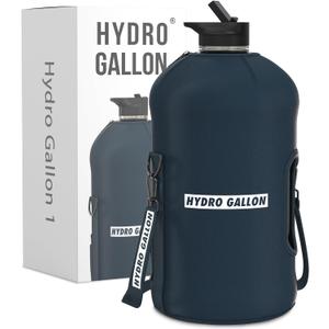 Hydro Gallon - 1 Gallon Water Bottle Jug with Insulated Sleeve and Straw Lid, Handle, Time Marker, Pocket, Shoulder Strap. Daily Intake Leakproof BPA free Large Big Bottle. 128oz (Navy Blue)