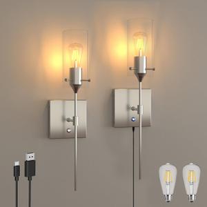 Dimmable Battery Operated Wall Sconce No Wired, Rechargeable Wall Light Fixture, Easy to Install Wireless Wall Mount Lamp for Living Room Bedside Hallway Lounge Mirror, Bulb Included (Nickel)