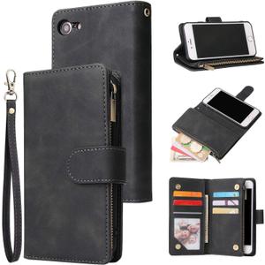 UEEBAI Wallet Case for iPhone 7/8/SE 2022 5G/SE 2020, Premium PU Leather Magnetic Handbag Zipper Case Kickstand Card Slots Wrist Strap Flip Cover for iPhone SE3/SE2 - Black