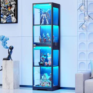BROTTAR Glass Display Cabinet, 4-Tier Curio Cabinets with 3 Color Lights for Collectibles, Storage Cabinet with Door, Glass Display Case & Bookcase with Human Body Sensor, Black, Large
