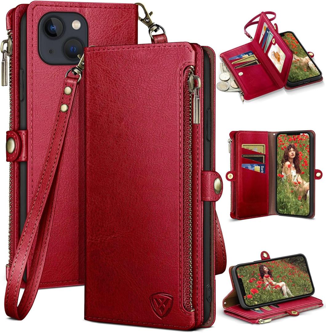 XcaseBar Compatible with iPhone 13 6.1" Wallet case with Zipper Credit Card HolderRFID Blocking,Flip Folio Book PU Leather Phone case Shockproof Cover Men Women for Apple 13 case Red