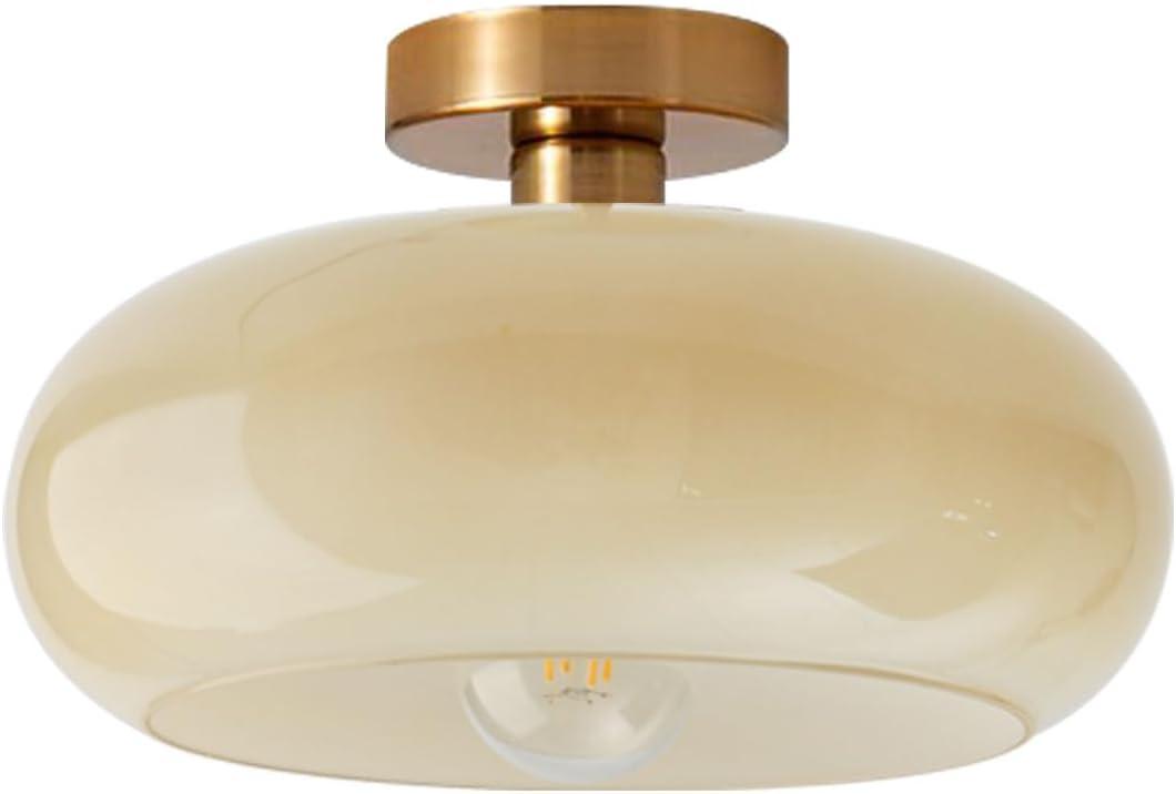 Brass Flush Mount Ceiling Light Mid Century Modern Ceiling Light fixtures Brushed Gold Milk Yellow Glass Semi Flush Mount Ceiling Light Farmhouse Hallway Dining Room Ceiling Lamp (Flush- Milk yellow)