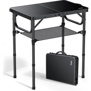 Anbte 2ft Folding Camping Table with Storage Net, 3 Adjustable Heights Small Folding Table Lightweight & Portable with Carry Handle, for Camping, Fishing, Picnic, Beach, Outdoor, 22.8" x 15.7", Black, 24" x 16" x 26.3"