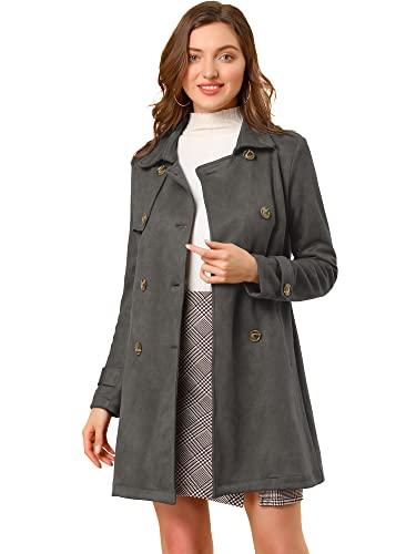Allegra K Women's Faux Suede Trench Coat Notched Lapel Double Breasted Jacket with Belt Medium Dark Gray medium