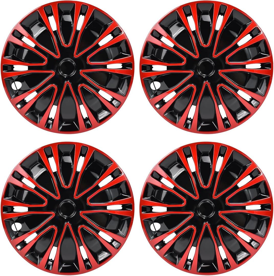 Hex Autoparts Universal Hub Caps - BK Style - Compatible with 15 Inch Tires & Wheels Car Truck, R15 Tire Rim Covers Set of 4 (Black & Red)