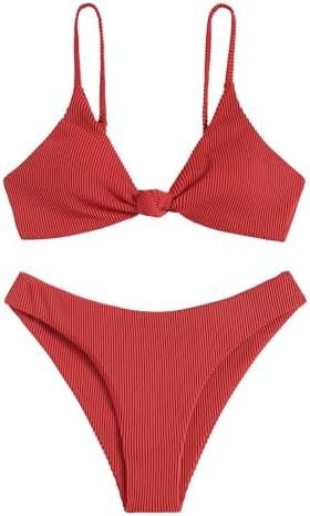 ZAFUL Women's Tie Knot Front Spaghetti Strap High Cut Bikini Set Swimsuit L