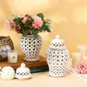 Zhehao 2 Pcs Ginger Jars for Home Decor 8.7 Inch Tall Ceramic Ginger Jar Modern Ceramic Hollow Out Handicraft Flower Vase with Lid for Home Office Party Wedding Decor(White)