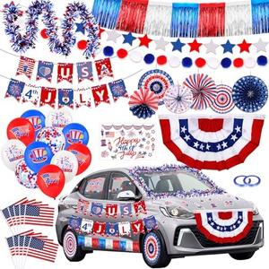 HOWAF 4th of July Parade Car Decoration Kit, Red White Blue Independence Day Party Bicycle Decoration Bulk- USA Flags Balloons Car Stickers Foil Curtain Tinsel Garlands Paper Fans