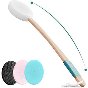 Back Lotion Applicator with 4 Replaceable Pads, Lotion Applicator for Back Self Elderly, Women, Cream Medicine Applicator with 17" Curved Handle Easy to Target Back and Feet, Colorful