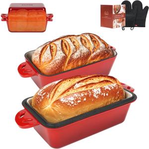 AILITOR 9x5 Enameled Cast Iron Loaf Pan with Lid - 2 in 1 Homemade Sourdough Bread Baking Pan (Red)