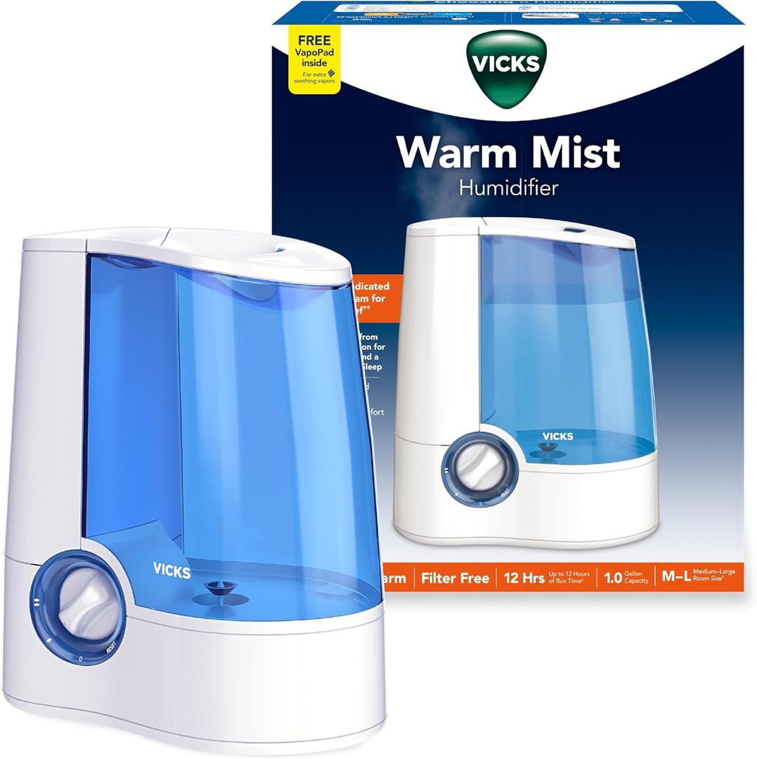 Vicks Warm Mist Humidifier Filter Free 1Gal Tank, Auto Shut Off, Night Light, VapoPad and VapoSteam Compatible (White)