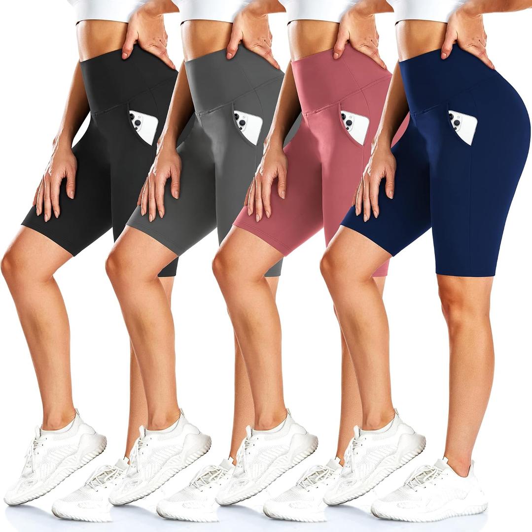 FULLSOFT 4 Pack Biker Shorts for Women with Pockets 8" High Waisted Tummy Control Workout Yoga Running Shorts