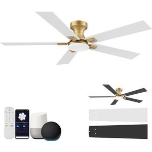 52 Inch Ceiling Fans with Lights,Smart Low Profile Ceiling Fan with Light and Remote Control,Modern Flush Mount Ceiling Fans for Bedroom,Patio,Porch,Outdoor Indoor Use,in Black White and Gold,Quiet