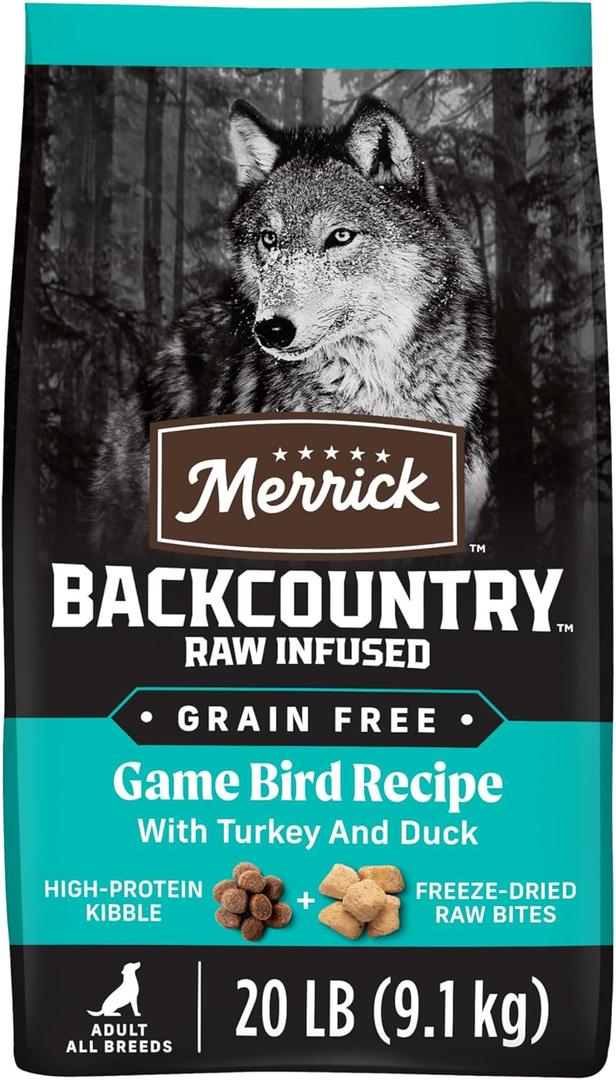 Merrick Backcountry Grain Free Dry Adult Dog Food, Kibble With Freeze Dried Raw Pieces, Game Bird Recipe - 20.0 lb. Bag (No BB Date)