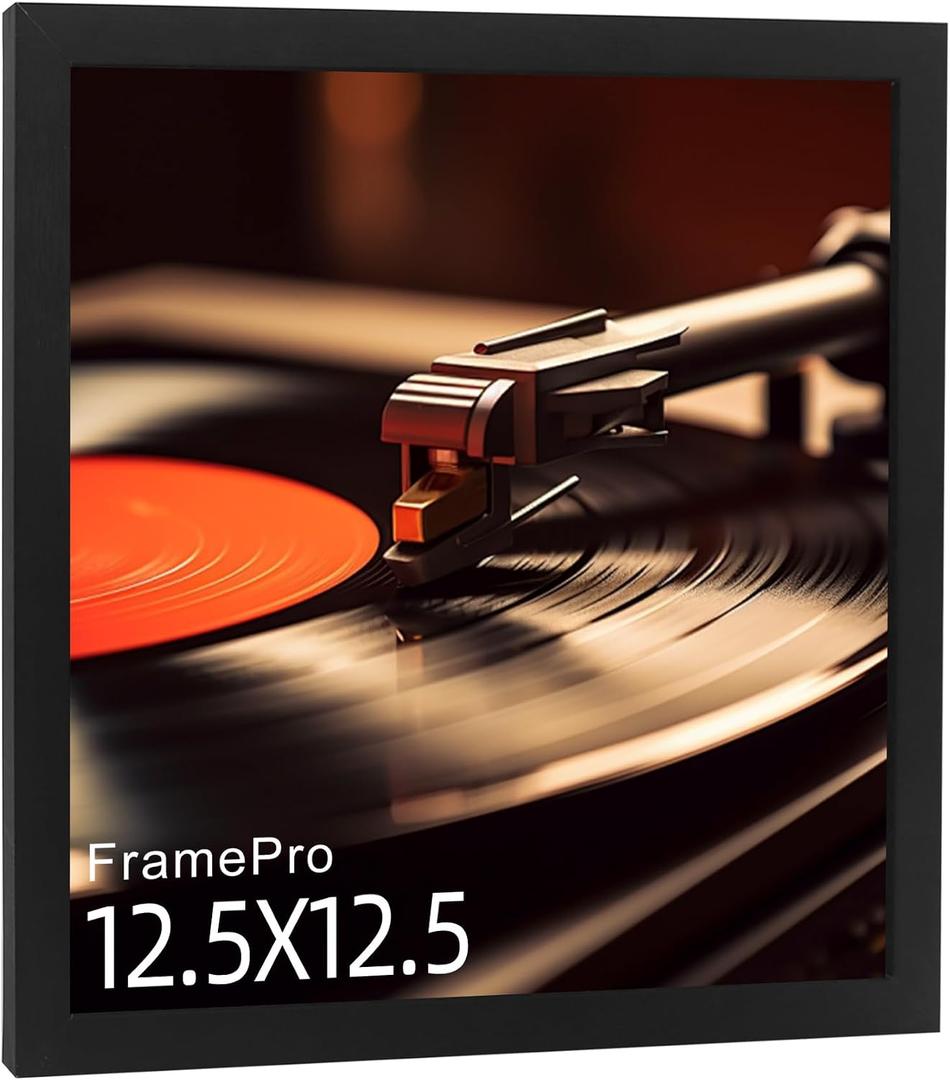 FramePro Vinyl Record Frame for the Wall Display Album Cover with Real Glass, Black 12.5x12.5 Frame for any 12 Inches LP Record with Cover