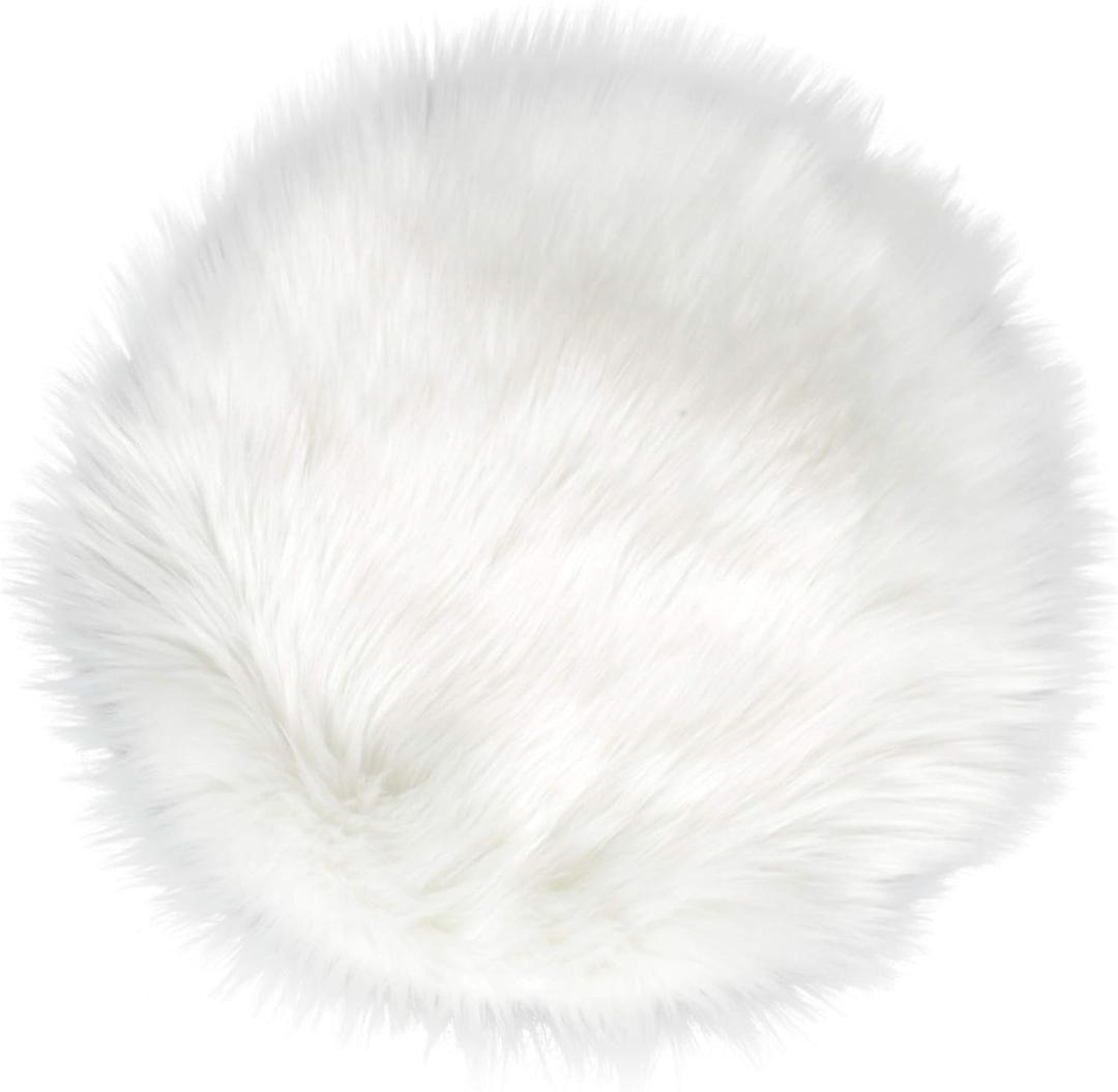 IVON 15.5 Inches White Round Faux Fur Rug, Fluffy Rug Cushion for Chair, Background for Nail Desk Photos