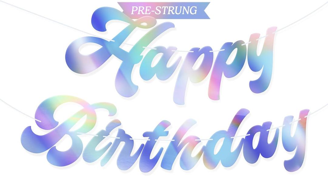 HOUSE OF PARTY Happy Birthday Banner | Pre-Strung Iridescent Silver Happy Birthday Letters Banner Sign-6 Feet | Bday Hanging Backdrop Party Decorations | Shiny Birthday Door Decoration