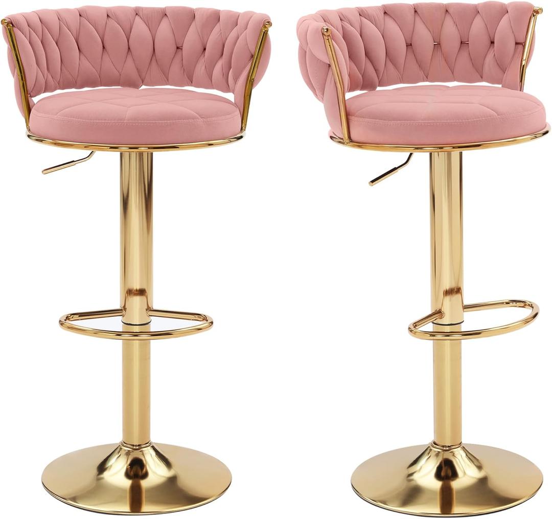 VECELO Bar Stools Set of 2, Adjustable Barstools Counter Height Stools with Back and Arm, Velvet Woven Kitchen Island Stools w/Gold Metal Leg Base, 360 Swivel Bar Chair, Pink