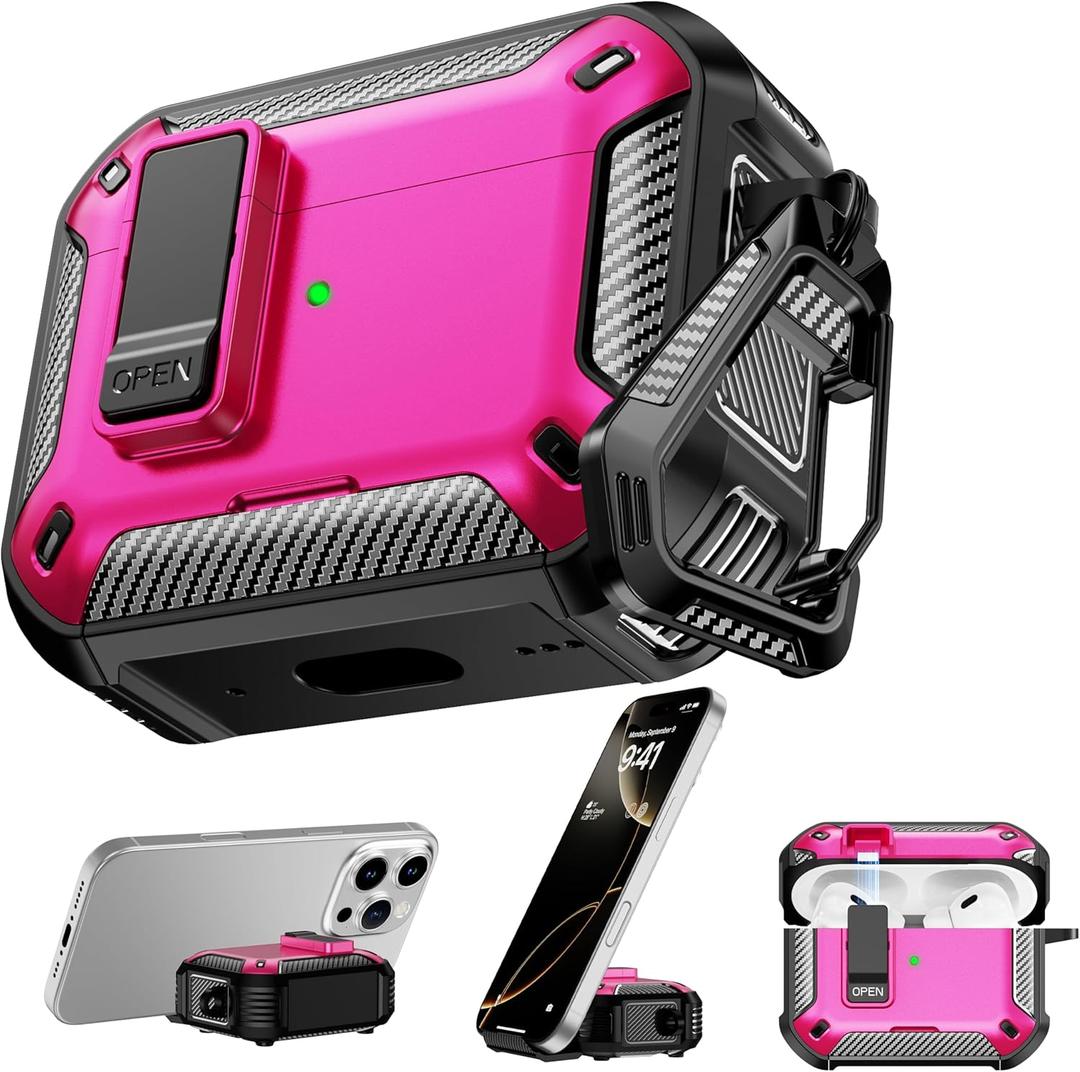 RFUNGUANGO Compatible AirPods Pro 2nd Generation Case with Phone Holder and Compatible Back Magnetic Suction Function, Suitable for AirPods Pro 2 Case, Black + Rose red