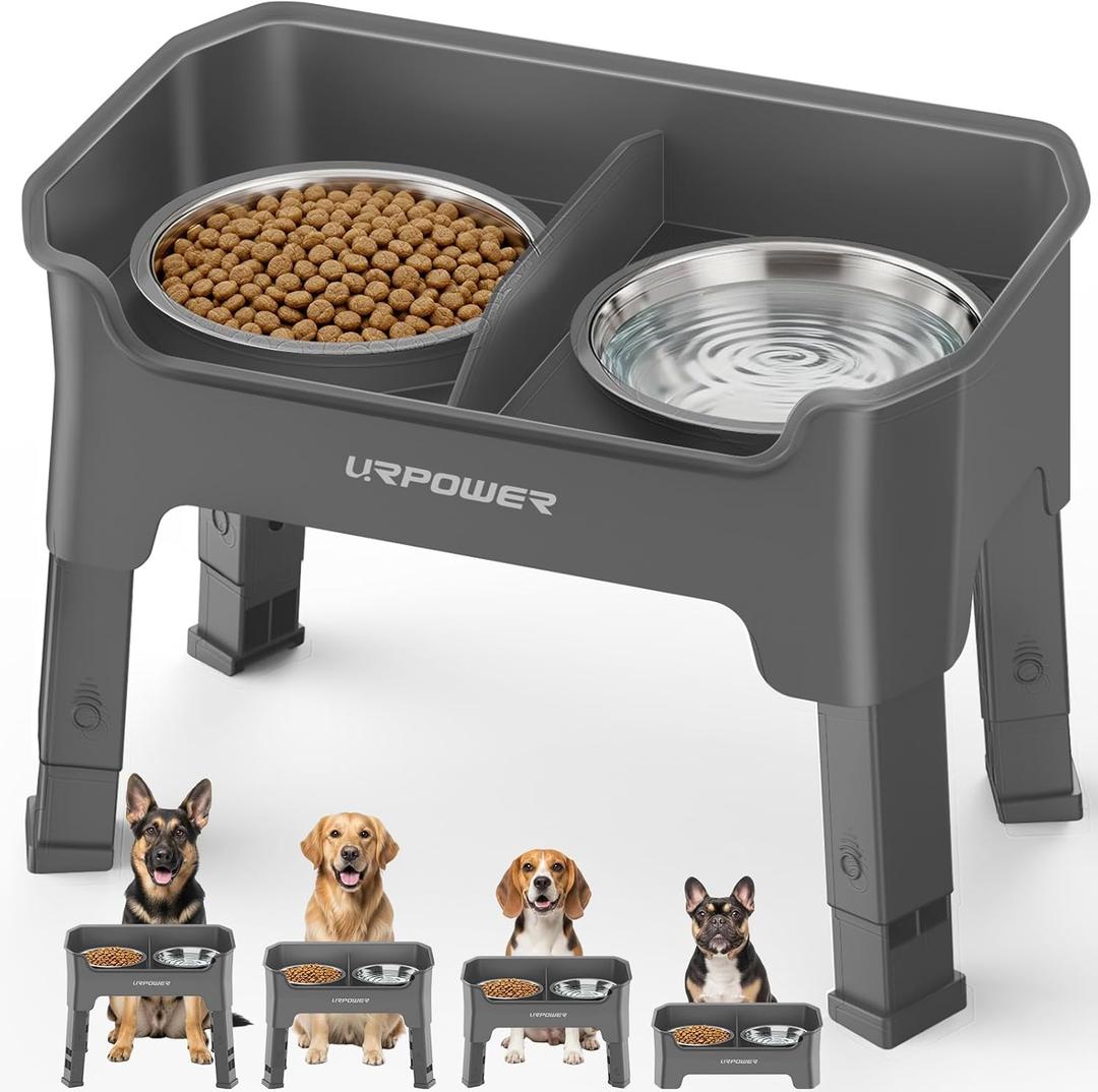 URPOWER Mess Proof Elevated Dog Bowls, High Wall Splash Guard Design, 4 Height Adjustable Raised Bowl Stand, 2 Stainless Steel Bowls, Non-Slip Food Water Set for Dogs