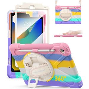 BRAECN for iPad 9th/8th/7th Generation Case,Heavy Duty Shockproof Case with Screen Protector, Pencil Holder, Pencil Cap Holder, Hand Strap, Kickstand,Shoulder Strap for iPad 10.2 Inch 2021/2020/2019 (Colourful Pink)