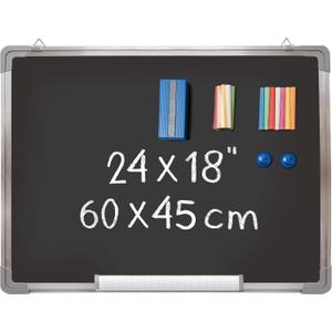 Chalkboard Set - Framed Black Board 24 x 18 inch with 1 Magnetic Eraser, 14 Chalk Sticks (7 Colors) and 2 Magnets - Small Wall Hanging Blackboard with Frame for Home, Kitchen and Kids (24x18)