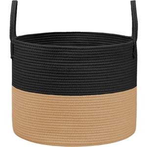 JMvicyroam 65L Extra Large Blanket Basket for Living Room - Woven Cotton Rope Laundry Hamper with Reinforced Handles - Storage Bin for Pillows, Comforters & Toys - Machine Washable,Black&Jute