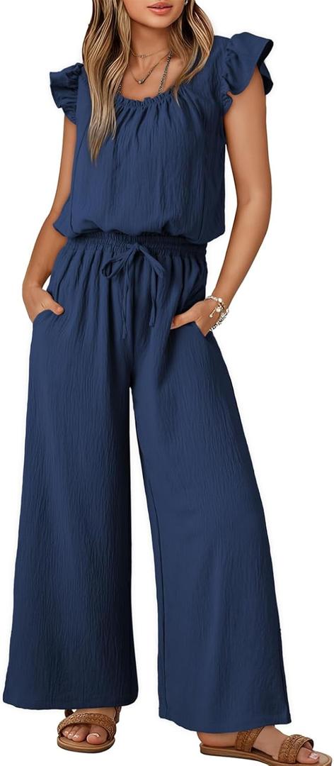 Dokotoo Jumpsuits for Women 2026 Summer Ruffle Sleeves Square Neck Rompers Drawstring Overalls with Pockets (Large, Navy)