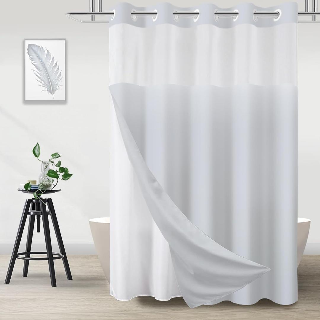 No Hook Shower Curtain with Snap in Liner, Ombre Light Grey Shower Curtains and Liner Set, Hotel Fabric Bath Curtain for Bathroom, Mesh Top Window Waterproof Washable, 71" x 74"