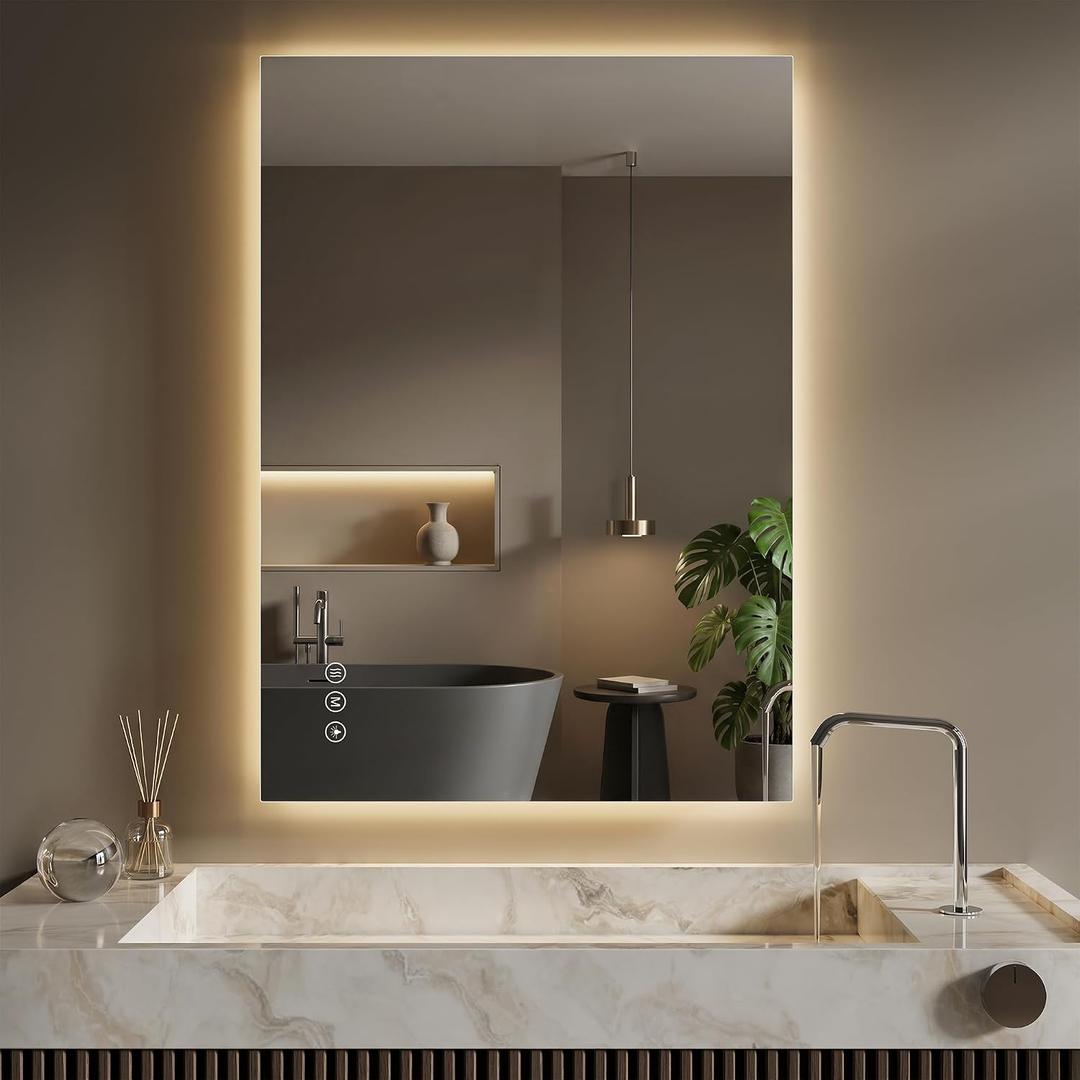 24"X36" LED Bathroom Mirror with Lights,Anti-Fog, Dimmable, Backlit,CRI>90, Lighted Bathroom Vanity Mirror for Wall, Shatter-Proof Tempered Glass, Memory Function, 3 Colors Lighted Mirror for Bathroom