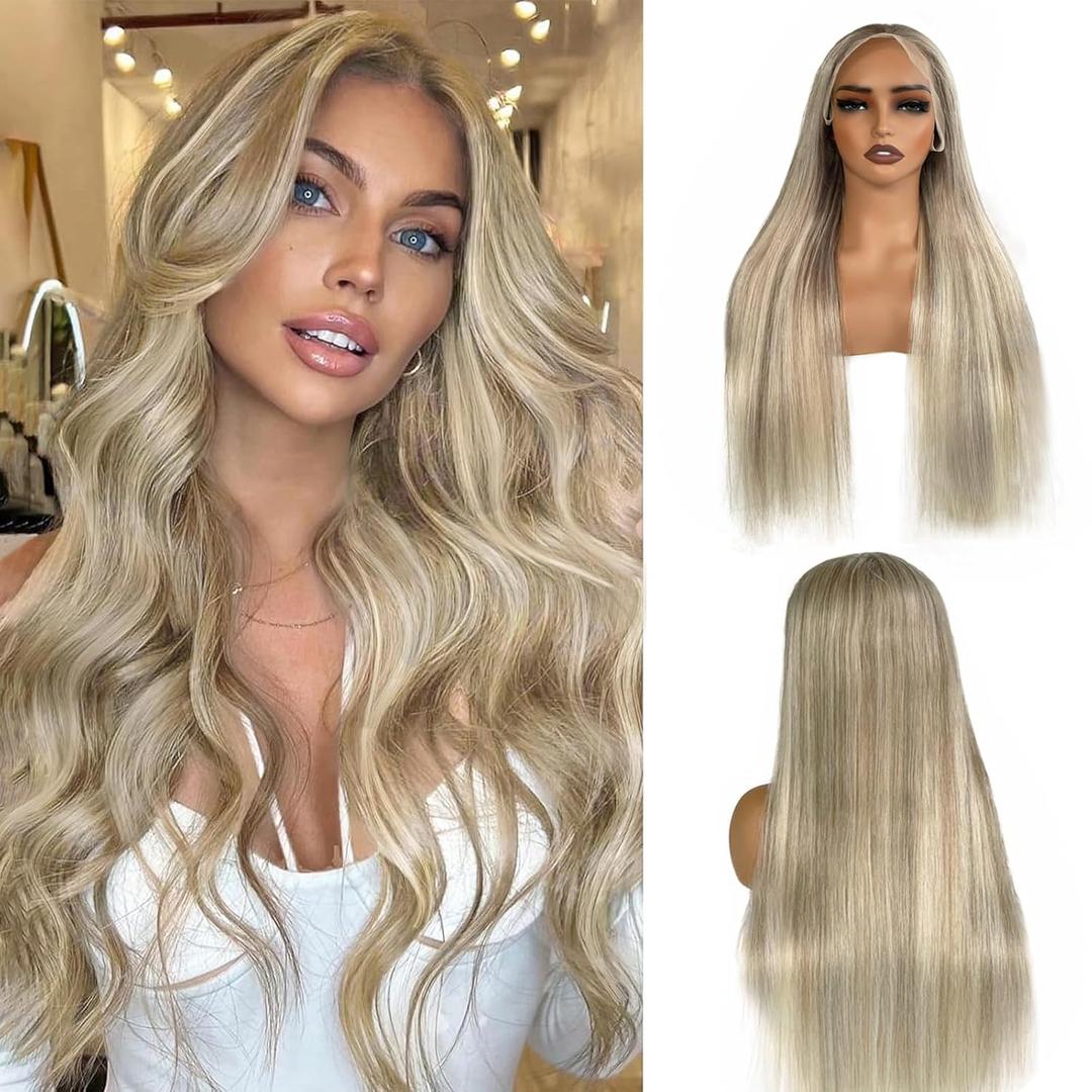 Ash Blonde Wig Human Hair with Chestnut Brown Deep Part 13x6 Lace Front Wigs for Women Highlights Glueless Wigs Pre Plucked Human Hair 16" Bleached Knots 180% Density Ombre Balayage Ash Brown Wig