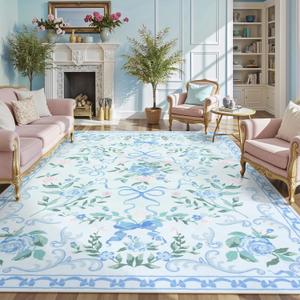 Collive Blue 8X10 Rugs for Living Room, 8x10 Bow and Floral Washable Area Rug Non Slip, Soft Boho Indoor Decor Elegant Carpet for Bedroom Kids Room Nursery Dining Room