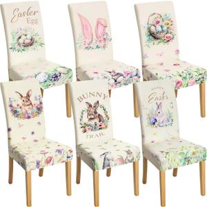 Hosuly 6 Pcs Easter Chair Covers Print Bunny Egg Flower Removable Seat Covers for Home Easter Spring Restaurant Decor or Hotel Restaurant Party Banquet
