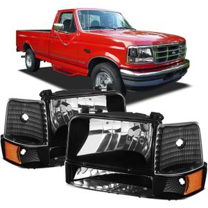 Headlights for 1992-1996 Ford F150 Bronco, LED Headlight Assembly for 92-97 F250 F350 Super Duty, Black Housing Amber Reflector