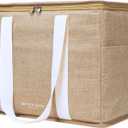 Reusable Insulated Grocery Bag - Leak Proof, X Large Insulated Cooler Bag - Insulated Shopping Bags for Groceries - Travel Cooler Bag for Frozen and Hot Food with Zippered Top (Jute Cream)