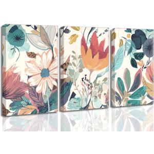 3 x 3 Pcs Boho Wild Flowers Canvas Wall Art Neutral Watercolor Boho Abstract Floral Botanical Painting Picture Wall Decor Poster Print Artwork for Living Room Bedroom Home Decoration, 24L" x 16W"