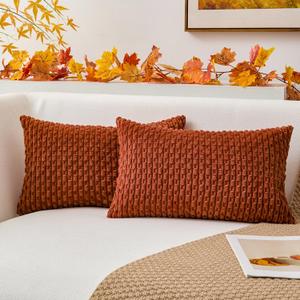 Kevin Textile Fall Throw Pillow Covers Soft Corduroy Decorative Set of 2 Boho Striped Pillow Covers Pillowcases Farmhouse Home Decor for Couch Bed Sofa Living Room 12x20 Inch Rust Brown