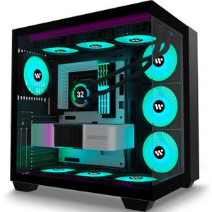 PC CASE ATX 9 PWM ARGB Fans Pre-Installed, Mid-Tower Gaming PC Case, Panoramic Tempered Glass Computer Case with Type-C,360mm Radiator SupportBlack