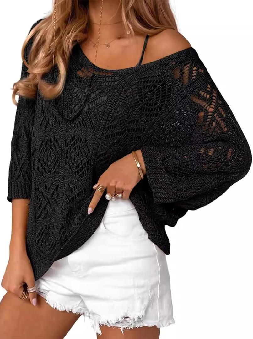 Beautiful Nomad Women's Summer Crochet Pullover Sweater Hollow Out 3/4 Sleeve Off Shoulder Boho Cover Up Tops Black (Black), Medium