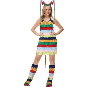 FOCUSOUL Women Mexican Costume Multicolored Fringed Sleeveless Dress Headband Boot Tops Fiesta Halloween Outfit, (Medium)