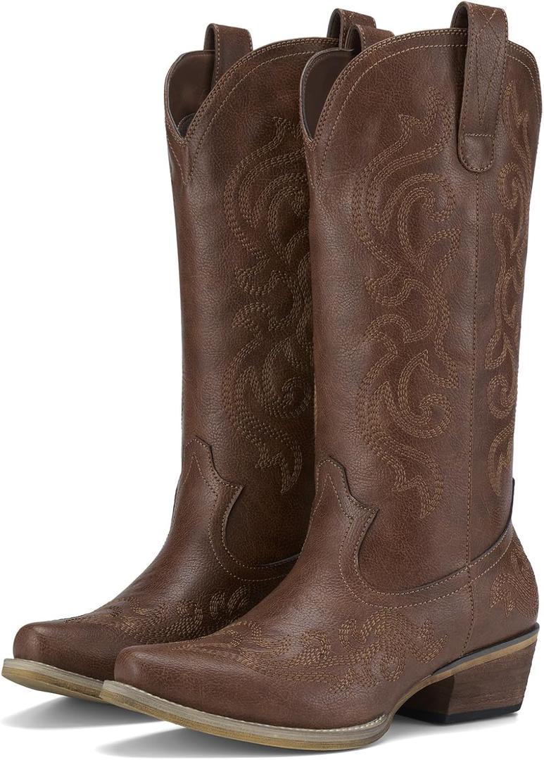 HISEA Rollda Cowboy Boots for Women Western Cowgirl Boots with Chunky Heel Ladies Snip Toe Mid-Calf Boots (Size 7, Bronze)