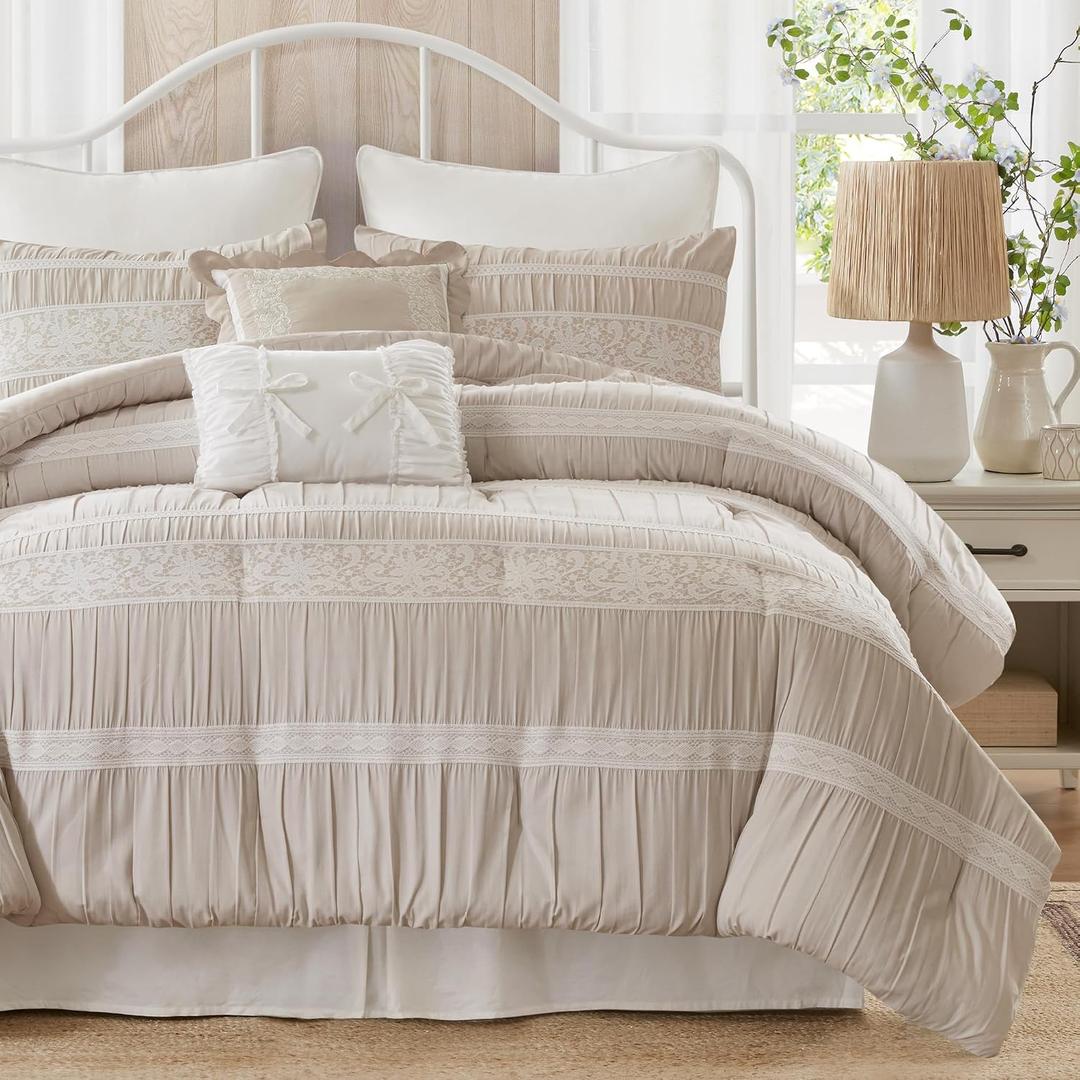 Madison Park 5-Piece Farmhouse Comforter Set with Ruching & Lace Trim, Soft Chambray Bedding, Includes Comforter and 2 Decorative Pillows, Queen, Neutral
