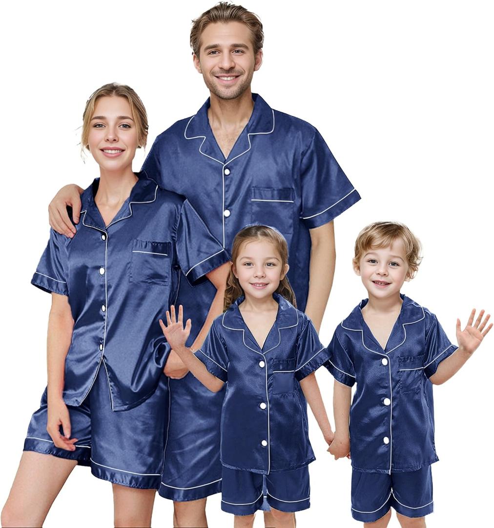 IFFEI Matching Family Silk Pajamas Set Satin Button Down Loungewear 2 Piece Top and Shorts Pjs for Couples with Pocket (10-11 Years, Navy)