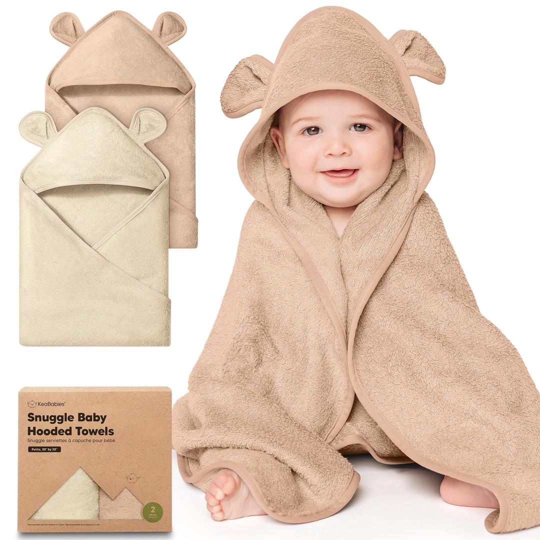 KeaBabies 2-Pack Hooded Baby Towels for Newborn - 30x30 Soft & Absorbent Viscose from Bamboo Baby Bath Towels with Hood for Infant, Toddler,Kids,Boys Girls,Newborn Bath Essentials (Almond, Petite)