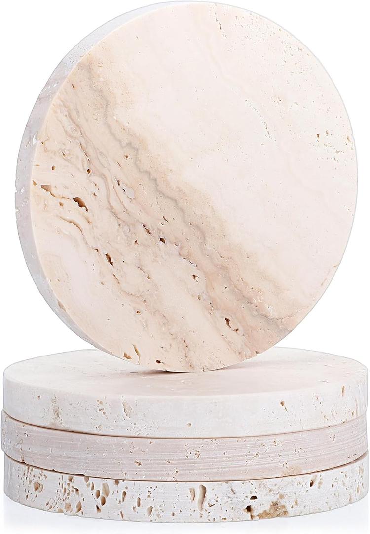 Marble Coasters Set of 4, Natural Travertine Stone Drink Coasters Round Modern Stone Cup Mat 4 Inch with Non-Slip Cork Backing Housewarming Gift for Wedding Christmas Anniversary Present