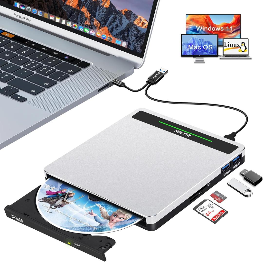 External CD Drive for Laptop: Portable USB3.0 USB C DVD ROM Burner - Optical CD/DVD Player with SD/TF/2 USB Ports Compatible with Apple Mac Linux Windows 11/10/8/7