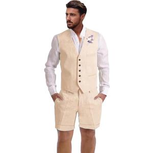 Mens Linen Suit 2 Piece Short Suits for Men Casual Summer Beach Wedding Suit Linen Vest Shorts Set (X-Large, Champagne)